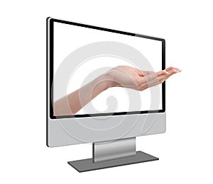 Human hand coming out from computer screen