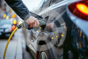 Human hand connects a charger to an electric car