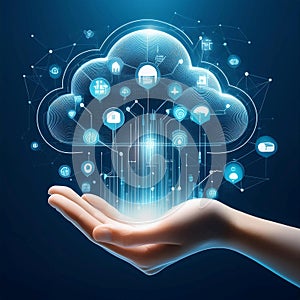 Human Hand Cradling a Glowing Digital Earth and Cloud Computing Network.