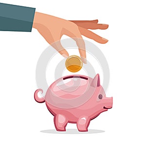 Human hand depositing coin in a money piggy bank