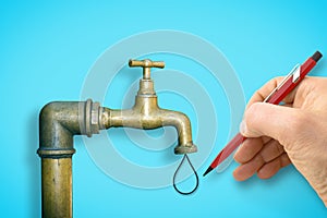 Human hand draws a drop of water against a water brass faucet isolated on solid color background - concept image