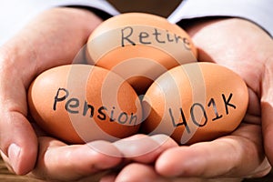 Human Hand With Egg Showing Pension And Retirement Text