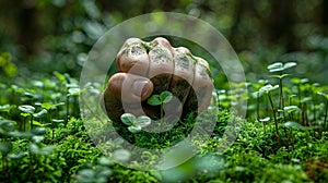 Human Hand Emerges from Moss, Symbolizing Nature's Struggle