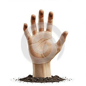 A human hand is emerging from a mound of soil against a white background. The