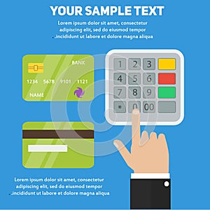 Human hand entering pin code in ATM, payment terminal with bank credit cards