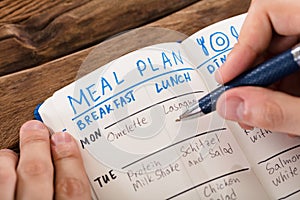 Human Hand Filling Meal Plan On Notebook
