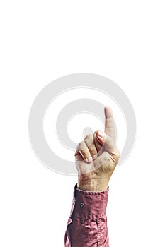 Human Hand with finger pointing up. Man`s hand touching or pointing to something isolated on white background