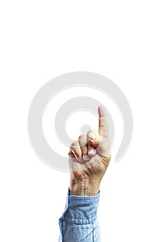 Human Hand with finger pointing up. Man`s hand touching or pointing to something isolated on white background
