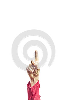 Human Hand with finger pointing up. Woman`s hand touching or pointing to something isolated on white background