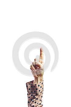 Human Hand with finger pointing up. Woman`s hand touching or pointing to something isolated on white background