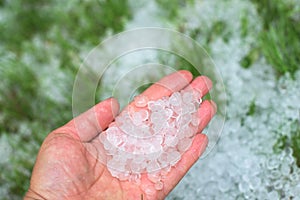 A human hand full of hailstones