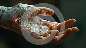 Human hand with futuristic holographic circuit technology