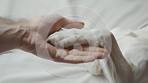 Human hand gently holding a dog& x27;s paw, friendship and care concept in a soft setting. AI