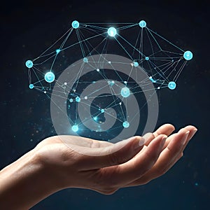 A Human Hand Gently Holding a Glowing Network of Interconnected Nodes