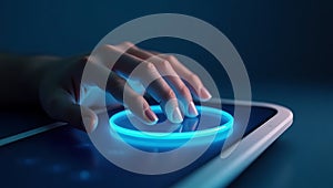 Futuristic hand interacting with glowing blue touchscreen interface