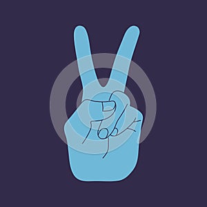 Human hand with a gesture V sign for victory or peace isolated blue background