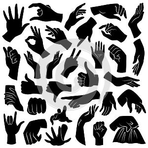 Human hand gestures - collection of black, flat, vector icons.