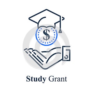 Human hand and graduation cap, study grant, scholarship concept, financial help