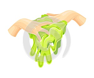 Human Hand with Green Slime as Viscous Colorful Toy Vector Illustration