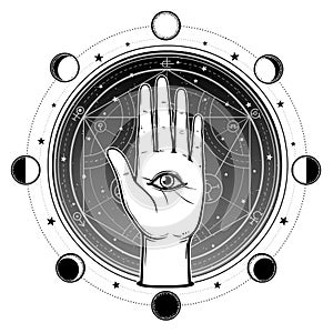 Human hand has an all-seeing divine eye. Alchemical circle of transformations.