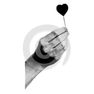 Human hand with heart collage. Design element in trendy dotted pop art style. Retro halftone effect. Vector illustration