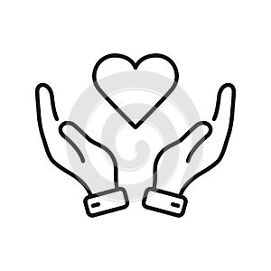 Human Hand and Heart Shape Line Icon. Love, Health, Charity, Care, Help Linear Pictogram. Peace and Friendship Outline