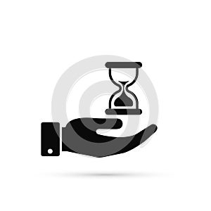 Human hand hold a hourglass vector icon. Business and time management concept. Isolated illustration flat design