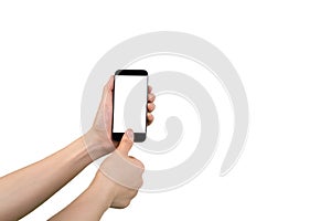 Human hand hold smart phone, tablet, cellphone with blank screen on isolate white background.