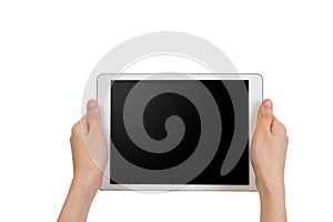 Human hand hold white tablet with blank screen on isolated white background.