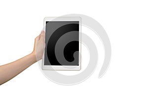 Human hand hold white tablet with blank screen on isolated white background.