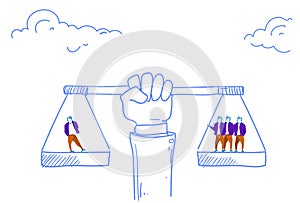 Human hand holding balance scales business importance valuable human asset concept sketch doodle horizontal