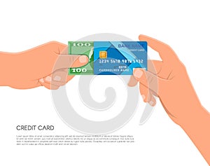 Human hand holding bank credit card and cash money. Financial business payments concept vector illustration in flat