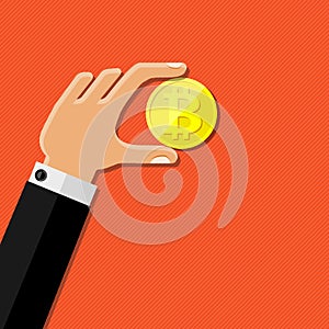 Human hand holding bitcoin. Flat design