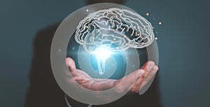 human hand holding brain, Artificial Intelligence, AI Technology, thinking concept