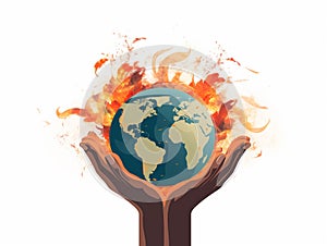 Human hand holding a burning earth globe. Global warming concept.