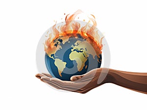 Human hand holding a burning earth globe. Global warming concept.