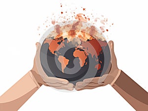 Human hand holding a burning earth globe. Global warming concept.