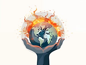 Human hand holding a burning earth globe. Global warming concept.