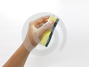 Human Hand Holding a Cleaning Sponge for Washing Dishes in White Isolated Background 04 photo