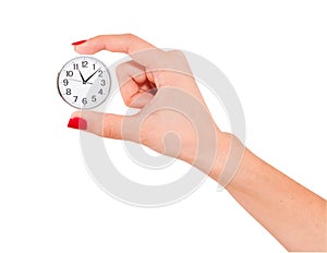 Human Hand Holding Clock Time isolated on white