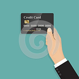 Human hand holding with credit card in a flat design ,isolate on blue background ,vector design Element illustration