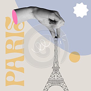 Human hand holding eiffel tower paris in collage retro style illustration