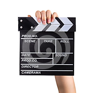 Human hand holding film clapper board isolated on white background