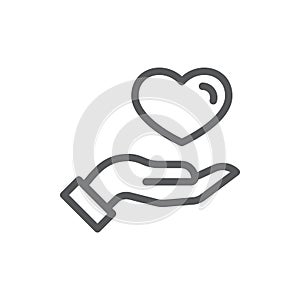 Human hand holding or giving heart thin line icon with editable stroke.