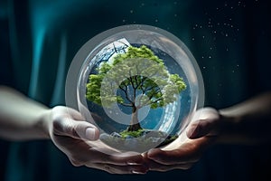 Human hand holding glass ball with tree inside. Environment conservation concept. Generative AI