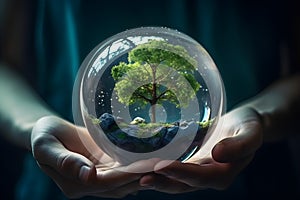 Human hand holding glass ball with tree inside. Environment conservation concept. Generative AI