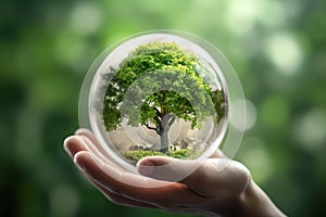 Human hand holding glass sphere with green tree inside. Environment conservation concept. Generative AI