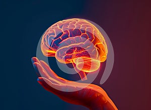 A human hand holding a glowing brain representing creativity and intelligence