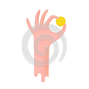 Human hand holding golden coin vector flat illustration. Arm with metal cash money isolated on white background. Concept