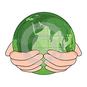 Human hand holding green globe.